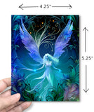 Blue, purple, and black ethereal angel art  greeting card with art nouveau flourishes and a feathery border by Primal Painter with dimensions