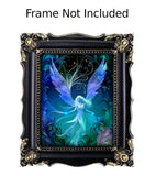 Mystical angel artwork in deep blues, purple, teal and black with an art nouveau feathery foliage border by Primal Painter displayed in a frame