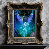 Mystical angel artwork in deep blues, purple, teal and black with an art nouveau feathery foliage border by Primal Painter displayed in a frame