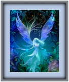 Mystical angel artwork in deep blues, purple, teal and black with an art nouveau feathery foliage border by Primal Painter displayed matted and framed