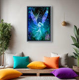 Mystical angel artwork in deep blues, purple, teal and black with an art nouveau feathery foliage border by Primal Painter displayed in a frame above a bench