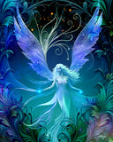 Mystical angel artwork in deep blues, purple, teal and black with an art nouveau feathery foliage border by Primal Painter