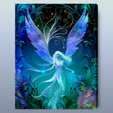 Mystical angel artwork in deep blues, purple, teal and black with an art nouveau feathery foliage border by Primal Painter printed as a stretched canvas