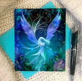 Blue, purple, and black ethereal angel art  greeting card with art nouveau flourishes and a feathery border by Primal Painter