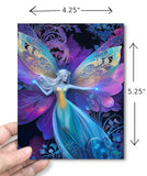 Fairy with intricate wings greeting card in rainbow colors against a blue, purple, and black background with art nouveau foliage by Primal Painter with dimensions