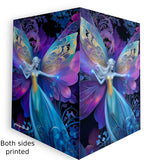 Fairy with intricate wings greeting card in rainbow colors against a blue, purple, and black background with art nouveau foliage by Primal Painter printed on front and back.