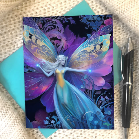 Fairy with intricate wings greeting card in rainbow colors against a blue, purple, and black background with art nouveau foliage by Primal Painter