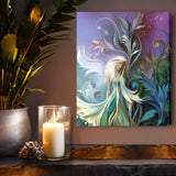 Fantasy Art Canvas Print of a fairy with long white hair and wispy wings in a garden of teal and blue foliage with art nouveau flourishes called Fairy Garden by Primal Painter. Displayed on a shelf