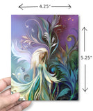 Greeting card of a white-haired, white winged fairy in a flowing dress against purple, blue and green art nouveau style foliage and flowers by Primal Painter with dimensions