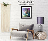 Fantasy Art Canvas Print of a fairy with long white hair and wispy wings in a garden of teal and blue foliage with art nouveau flourishes called Fairy Garden by Primal Painter. Displayed matted and framed in a living room with a chair and lamp