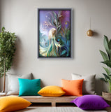 Fantasy Art Print of a fairy with long white hair and wispy wings in a garden of teal and blue foliage with art nouveau flourishes called Fairy Garden by Primal Painter. Displayed framed above a meditation space with colorful pillows