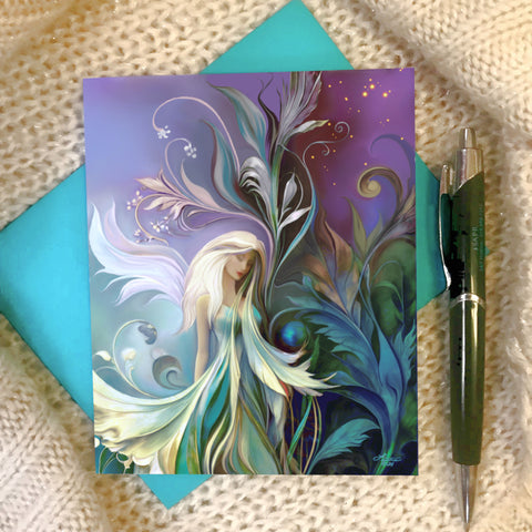 Greeting card of a white-haired, white winged fairy in a flowing dress against purple, blue and green art nouveau style foliage and flowers by Primal Painter