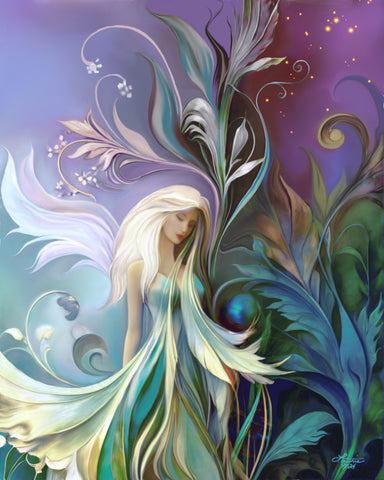 Fantasy Art Print of a fairy with long white hair and wispy wings in a garden of teal and blue foliage with art nouveau flourishes called Fairy Garden by Primal Painter.