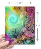 Greeting card featuring artwork of a flourish of colorful flowers surrounding a youthful goddess called Flower Child by Primal Painter with dimensions