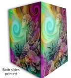 Greeting card featuring artwork of a flourish of colorful flowers surrounding a youthful goddess called Flower Child by Primal Painter printed on both sides