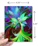 green fairy greeting card that's illustrated as part of  a flower against a purple and blue art nouveau background by Primal Painter with dimensions