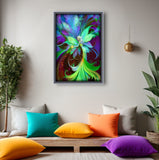 Flower Nymph Fairy in Green Purple and Blue, Fantasy Art Print, Colorful Wall Decor