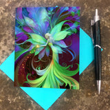 green fairy greeting card that's illustrated as part of  a flower against a purple and blue art nouveau background by Primal Painter