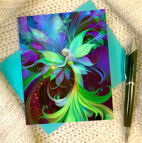 green fairy notecard that's illustrated as part of  a flower against a purple and blue art nouveau background by Primal Painter