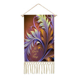 Fringed canvas wall hanging featuring artwork by Primal Painter of art nouveau foliage in rust, orange, and violet with the affirmation Be Kind to All Things.