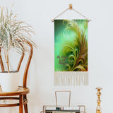 Fringed canvas wall hanging with feathery foliage artwork in greens and rust colors by Primal Painter and the affirmation "Be Kind to All Things" hanging on a wall