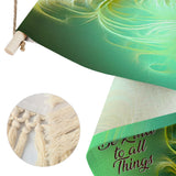 Fringed canvas wall hanging with feathery foliage artwork in greens and rust colors by Primal Painter and the affirmation "Be Kind to All Things" close up