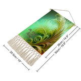 Fringed canvas wall hanging with feathery foliage artwork in greens and rust colors by Primal Painter and the affirmation "Be Kind to All Things" with dimensions