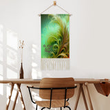 Fringed canvas wall hanging with feathery foliage artwork in greens and rust colors by Primal Painter and the affirmation "Be Kind to All Things" hanging over a table