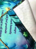 Fringed canvas wall hanging with a blue and green feather art nouveau border featuring the Reiki Principles text by Primal Painter, close up