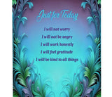 Fringed canvas wall hanging with a blue and green feather art nouveau border featuring the Reiki Principles text by Primal Painter, close up