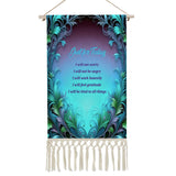 Fringed canvas wall hanging with a blue and green feather art nouveau border featuring the Reiki Principles text by Primal Painter