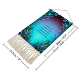 Fringed canvas wall hanging with a blue and green feather art nouveau border featuring the Reiki Principles text by Primal Painter with dimensions