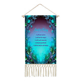 Fringed canvas wall hanging with a blue and green feather art nouveau border featuring the Reiki Principles text by Primal Painter