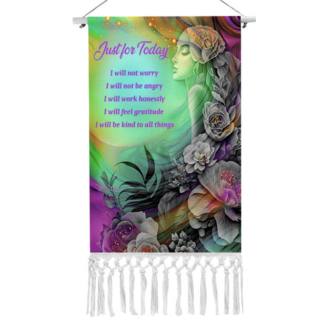 fringed canvas wall hanging featuring rainbow artwork of a flower child by Primal Painter and the Reiki Principles