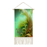 Fringed canvas wall hanging with feathery foliage artwork in greens and rust colors by Primal Painter and the affirmation "Be Kind to All Things"