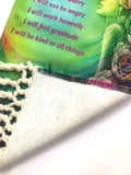 Close-up of Fringed canvas wall hanging featuring the Reiki Principles and rainbow artwork called Flower Child by Primal Painter