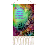 Fringed canvas wall hanging featuring the Reiki Principles and rainbow artwork called Flower Child by Primal Painter