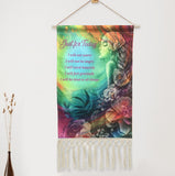 Fringed canvas wall hanging featuring the Reiki Principles and rainbow artwork called Flower Child by Primal Painter