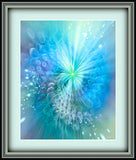 "Intuitive Sparks" is a swirling modern abstract art print in shades of blue and a touch of violet with white sparkles and is in the Zen series of energy art by Primal Painter.