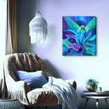 Fairy art with ethereal green wings standing among purple flowers and foliage at twilight by Primal Painter printed as a stretched canvas hanging on a wall by a chair