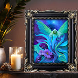 Fairy art with ethereal green wings standing among purple flowers and foliage at twilight by Primal Painter framed on a shelf