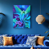 Fairy art with ethereal green wings standing among purple flowers and foliage at twilight by Primal Painter printed as a stretched canvas hanging on a blue over a blue couch