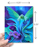 Greeting card featuring artwork by Primal Painter of an ethereal fairy amidst swirling art nouveau flowers and foliage in greens, purples, and blue with dimensions