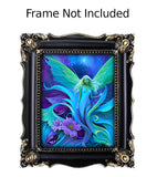 Fairy art with ethereal green wings standing among purple flowers and foliage at twilight by Primal Painter framed, frame not included