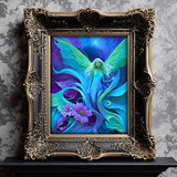 Fairy art with ethereal green wings standing among purple flowers and foliage at twilight by Primal Painter framed on a shelf