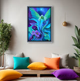 Fairy art with ethereal green wings standing among purple flowers and foliage at twilight by Primal Painter framed over a meditation space with colorful pillows