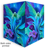 Greeting card featuring artwork by Primal Painter of an ethereal fairy amidst swirling art nouveau flowers and foliage in greens, purples, and blue printed on both sides