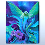 Fairy art with ethereal green wings standing among purple flowers and foliage at twilight by Primal Painter printed as a stretched canvas