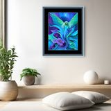 Fairy art with ethereal green wings standing among purple flowers and foliage at twilight by Primal Painter matted and framed on a white wall over a bench