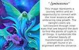 Greeting card featuring artwork by Primal Painter of an ethereal fairy amidst swirling art nouveau flowers and foliage in greens, purples, and blue with inspirational symbolism